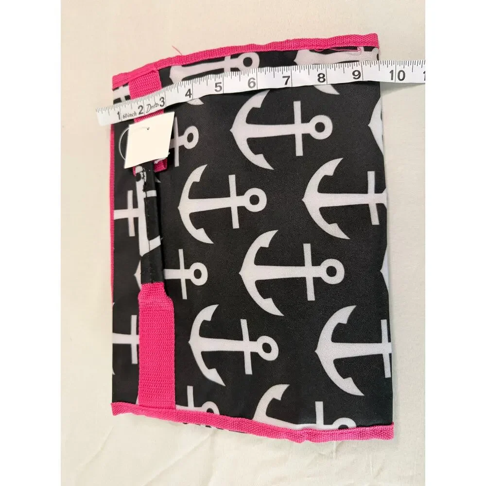 NWT Hanging Travel Toiletry Cosmetic Roll Up Bag Black White Anchor Pink